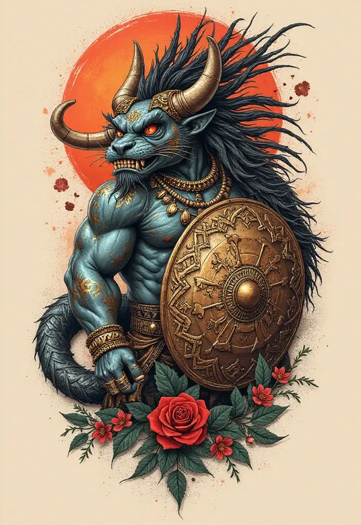 50 Oni Tattoo Designs with Powerful Japanese Symbolism 34 50 Oni Tattoo Designs with Powerful Japanese Symbolism - 34. Oni with a Shield