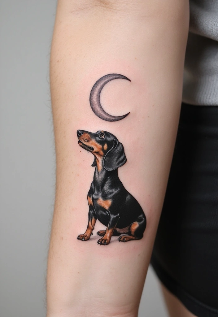 50 Small Wiener Dog Tattoos with Cute and Minimalist Designs - 34. Dog and Moon