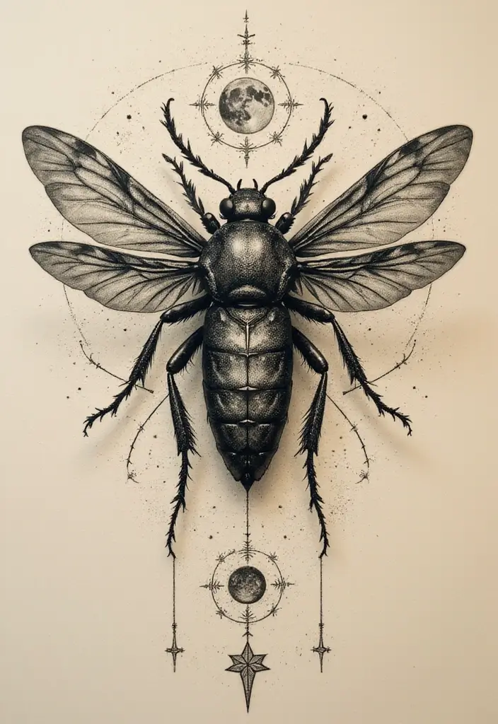50 Bug Pin Tattoo Designs That Are Unique and Creative - 35. Insect and Celestial Themes