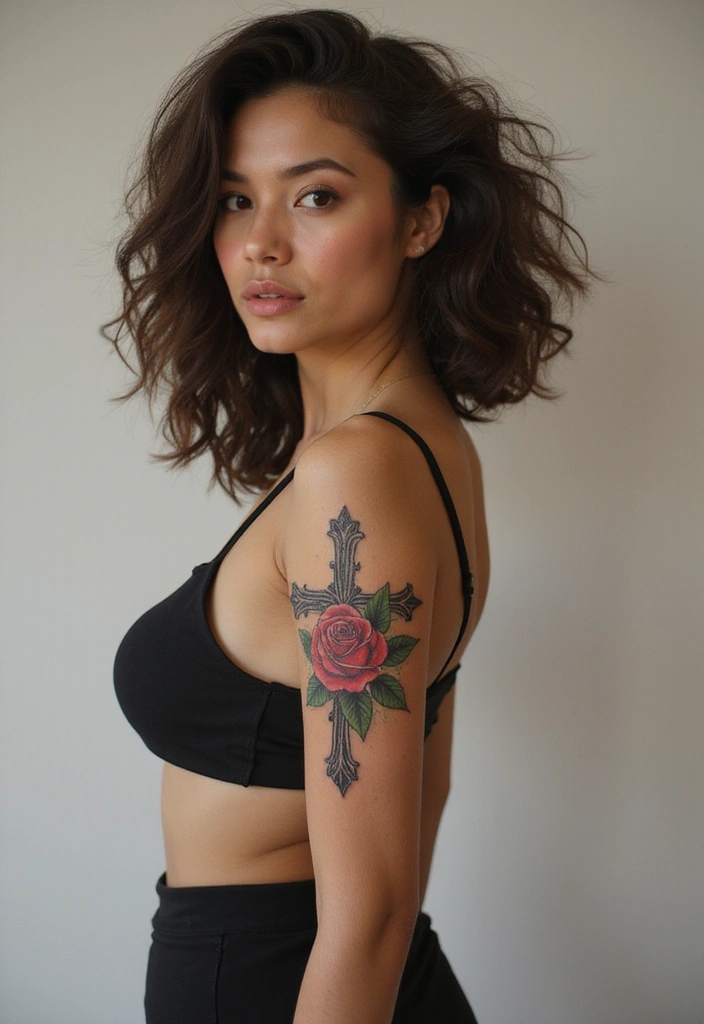 50 Cross Tattoo Ideas for Men and Women with Deep Meaning - 35. Cross with a Rose