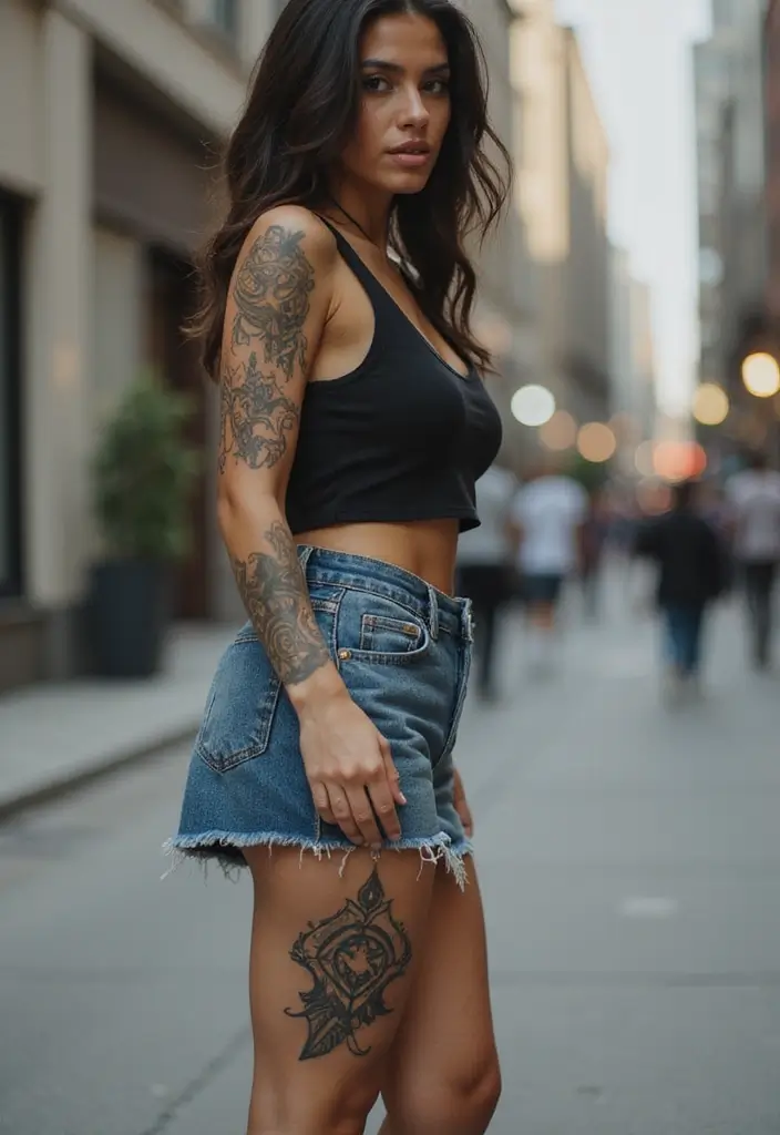 50 Above the Knee Tattoo Ideas with Unique Placement Designs 35 50 Above the Knee Tattoo Ideas with Unique Placement Designs - 35. Contrast and Complement