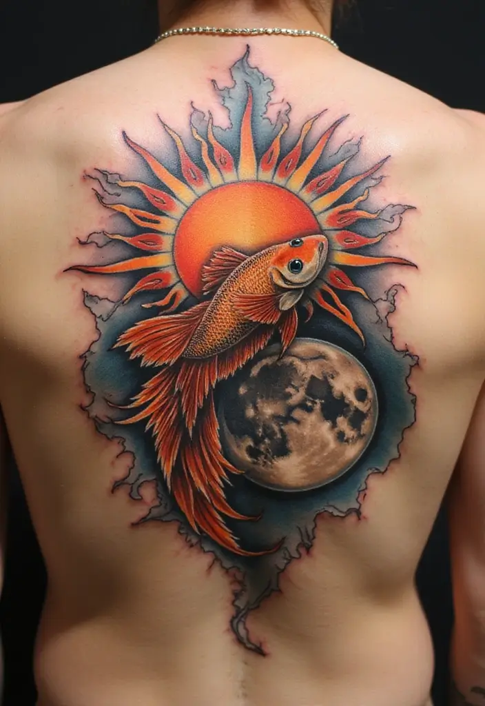 50 Betta Fish Tattoo Ideas with Unique and Colorful Designs 35 50 Betta Fish Tattoo Ideas with Unique and Colorful Designs - 35. Betta Fish and a Sun and Moon