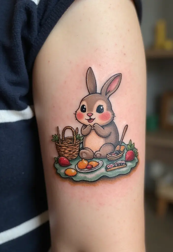50 Bunny Tattoo Meaning Inspirations for Cute and Creative Designs - 35. Bunny with a Picnic