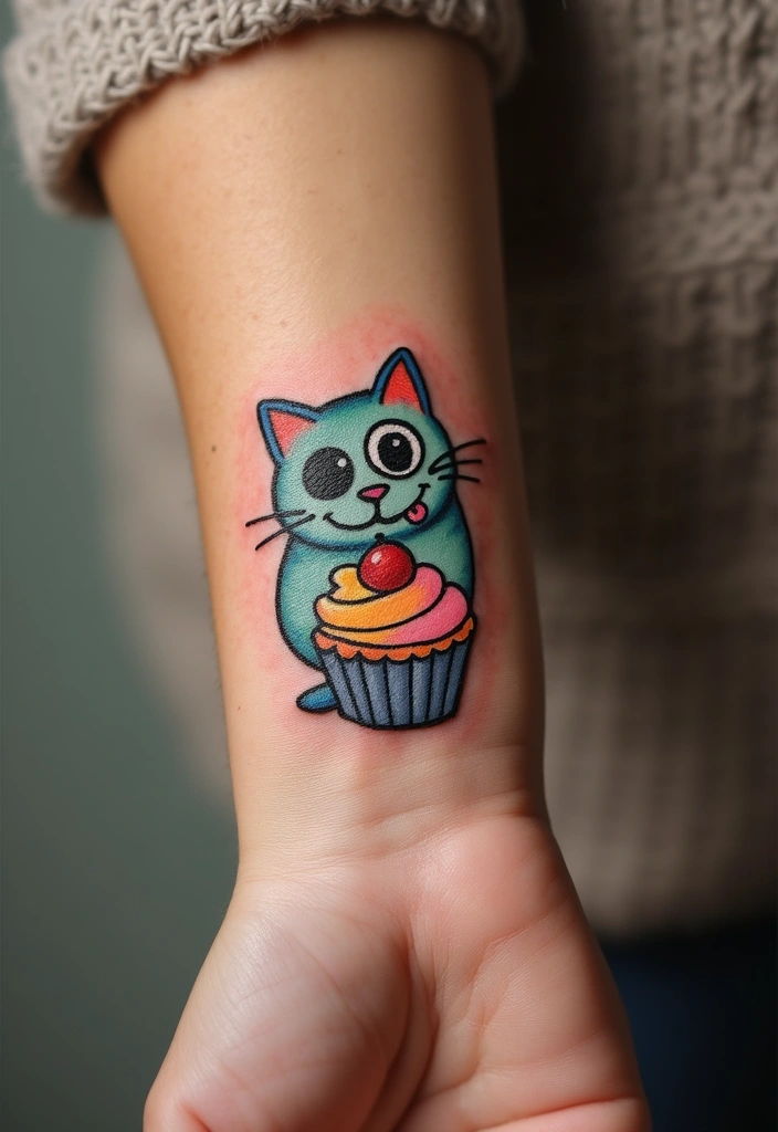 50 Creative Cat Tattoo Ideas for Every Style - 35. Cat and Cupcake
