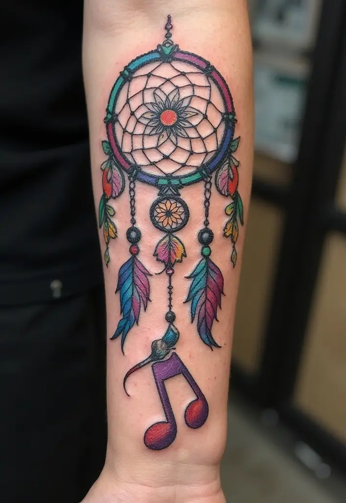 50 Dreamcatcher Tattoo Ideas with Cultural Symbolism 35 50 Dreamcatcher Tattoo Ideas with Cultural Symbolism - 35. Dreamcatcher with a Music Note