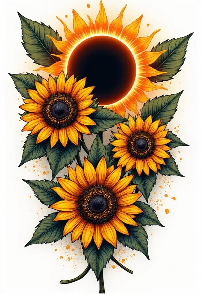 50 Eclipse Tattoo Designs with Powerful Meaning and Symbolism - 35. Eclipse and Sunflowers