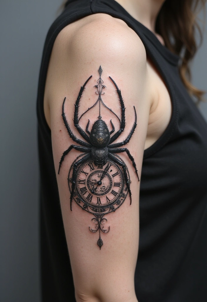 50 Spider Tattoo Designs with Meaning and Bold Styles 35 50 Spider Tattoo Designs with Meaning and Bold Styles - 35. Spider with a Clock