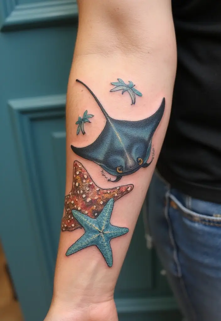 50 Stingray Tattoo Designs and Their Symbolic Meanings - 35. Stingray with a Starfish