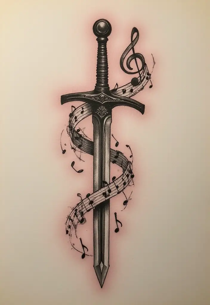 50 Sword Tattoo Designs and Symbolism to Inspire Your Next Ink 35 50 Sword Tattoo Designs and Symbolism to Inspire Your Next Ink - 35. Sword with Music Notes