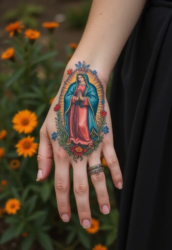 50 Virgin Mary Hand Tattoos with Spiritual and Artistic Designs - 35. Virgin Mary with Flowers of the Season