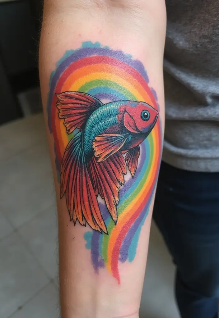 50 Betta Fish Tattoo Ideas with Unique and Colorful Designs 36 50 Betta Fish Tattoo Ideas with Unique and Colorful Designs - 36. Betta Fish with a Rainbow
