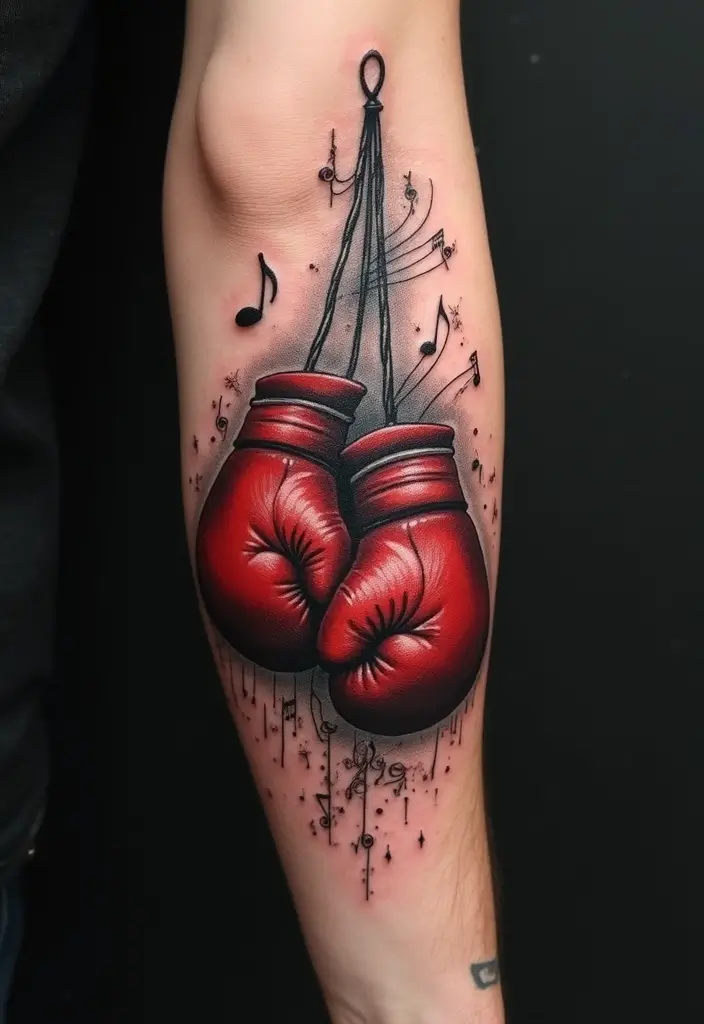 50 Boxing Gloves Tattoo Designs That Embody Strength and Courage! 36 50 Boxing Gloves Tattoo Designs That Embody Strength and Courage! - 36. Boxing Gloves with Musical Elements