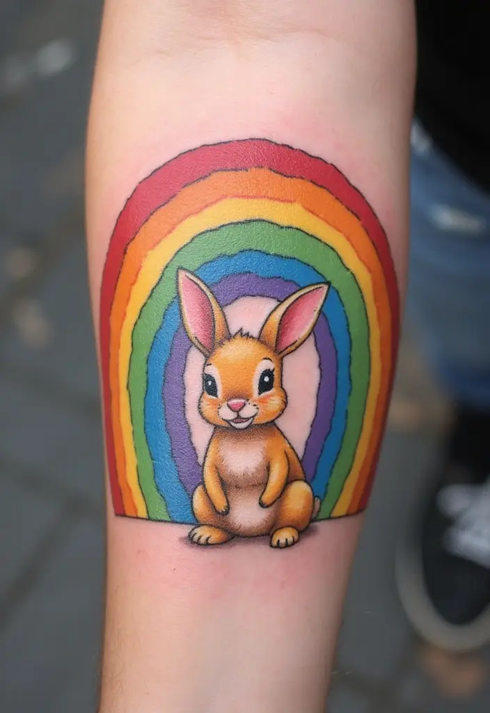 50 Bunny Tattoo Meaning Inspirations for Cute and Creative Designs - 36. Bunny Under a Rainbow