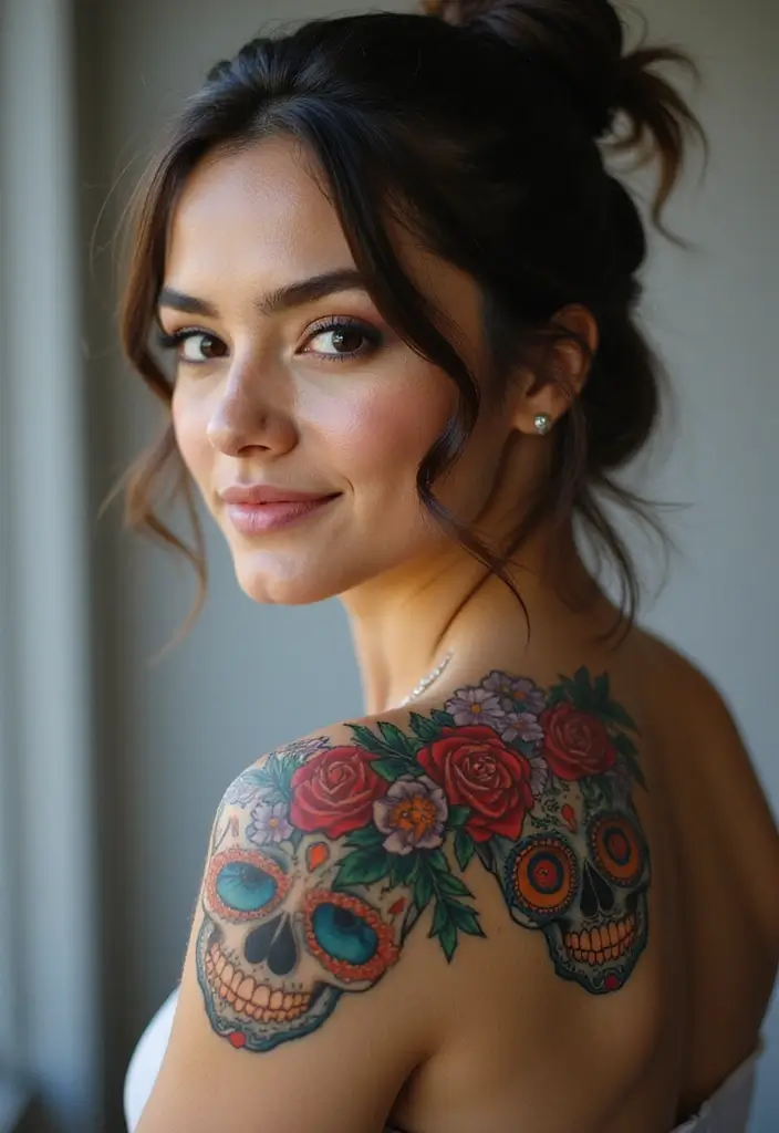 50 Elegant Collarbone Tattoo Ideas for Women 36 50 Elegant Collarbone Tattoo Ideas for Women - 36. Sugar Skull Tattoos