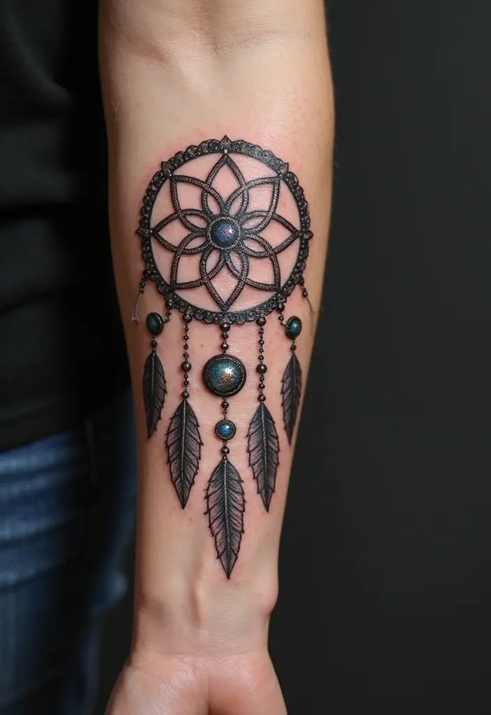 50 Dreamcatcher Tattoo Ideas with Cultural Symbolism 36 50 Dreamcatcher Tattoo Ideas with Cultural Symbolism - 36. Dreamcatcher with a Glamorous Twist