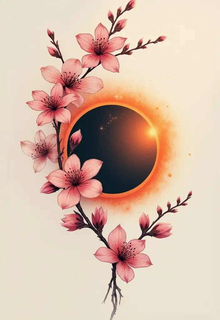 50 Eclipse Tattoo Designs with Powerful Meaning and Symbolism - 36. Eclipse with Cherry Blossoms