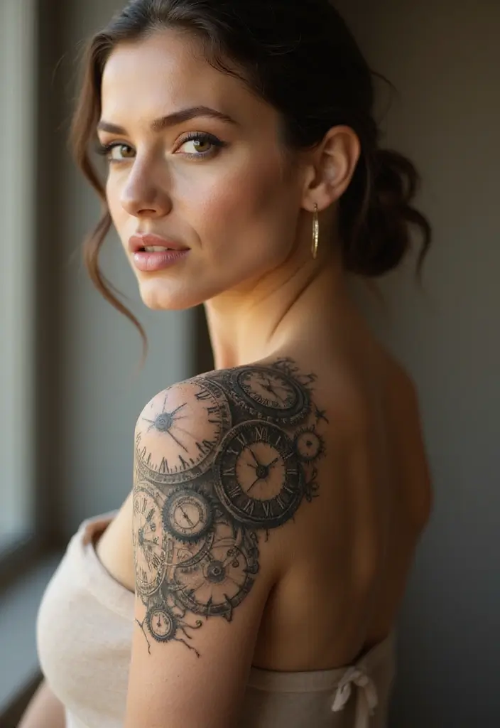 50 Front Shoulder Tattoos for Females That Are Stylish and Bold 36 50 Front Shoulder Tattoos for Females That Are Stylish and Bold - 36. Time and Clock Tattoos