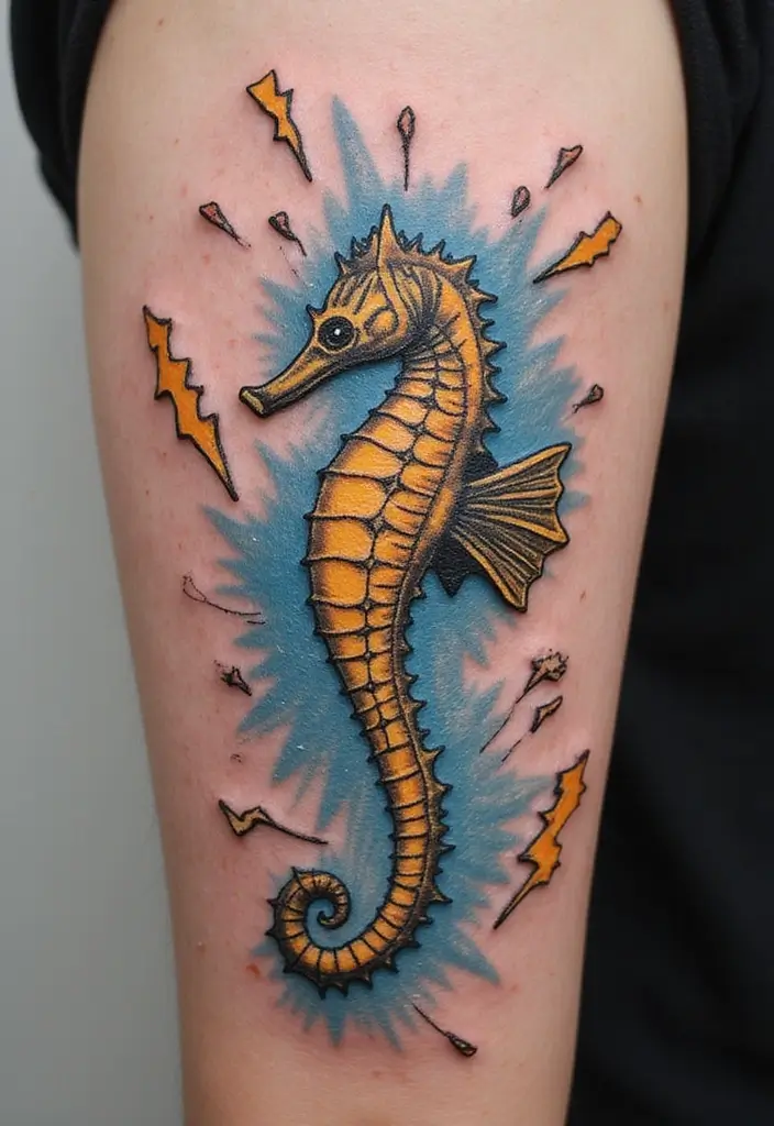 50 Lightning Bolt Tattoos with Bold and Striking Designs 36 50 Lightning Bolt Tattoos with Bold and Striking Designs - 36. Lightning Bolt with a Seahorse