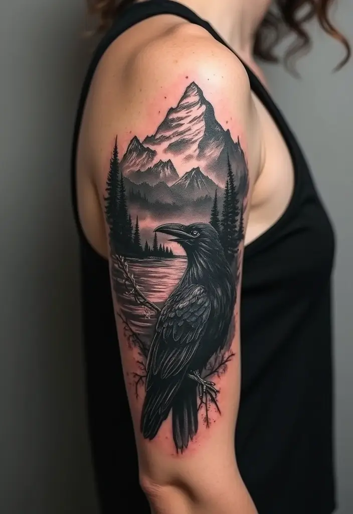 50 Mountain Tattoo Ideas with Powerful and Minimalist Designs 36 50 Mountain Tattoo Ideas with Powerful and Minimalist Designs - 36. Mountain with a Crow