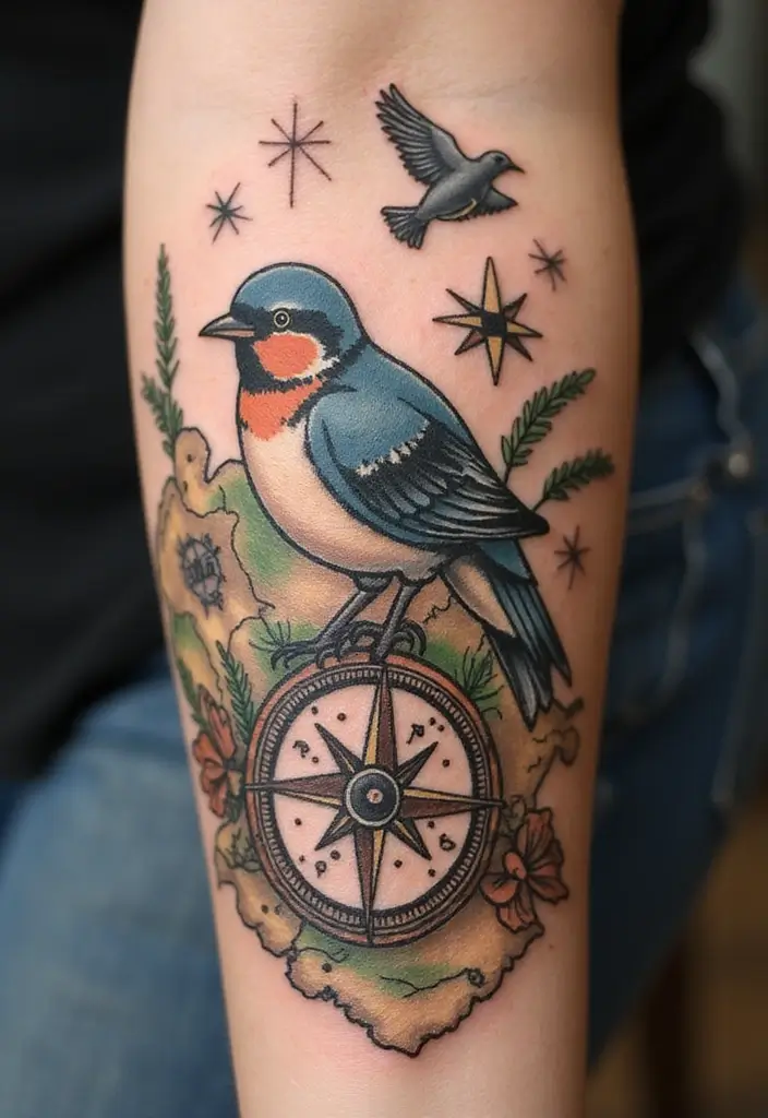 50 Sparrow Tattoos with Symbolism and Artistic Styles - 36. Vintage Travel Sparrow
