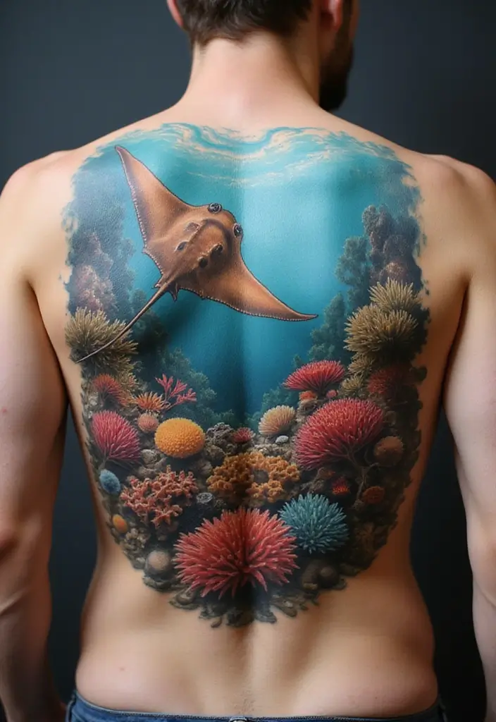 50 Stingray Tattoo Designs and Their Symbolic Meanings - 36. Stingray with Coral Reef