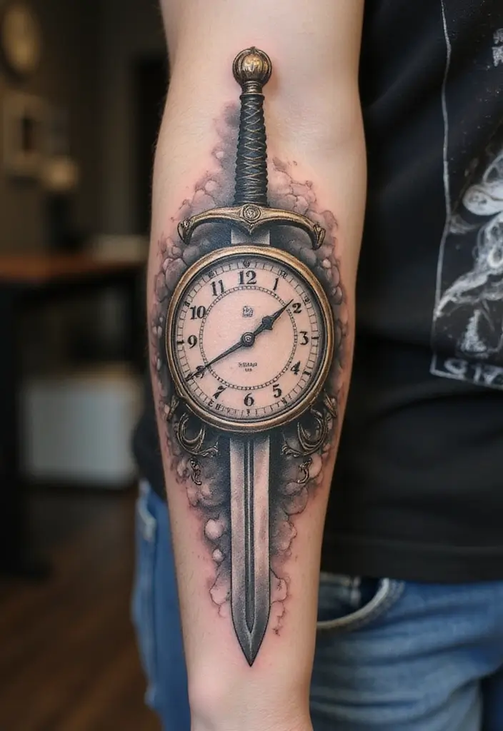 50 Sword Tattoo Designs and Symbolism to Inspire Your Next Ink 36 50 Sword Tattoo Designs and Symbolism to Inspire Your Next Ink - 36. Sword and Clocks