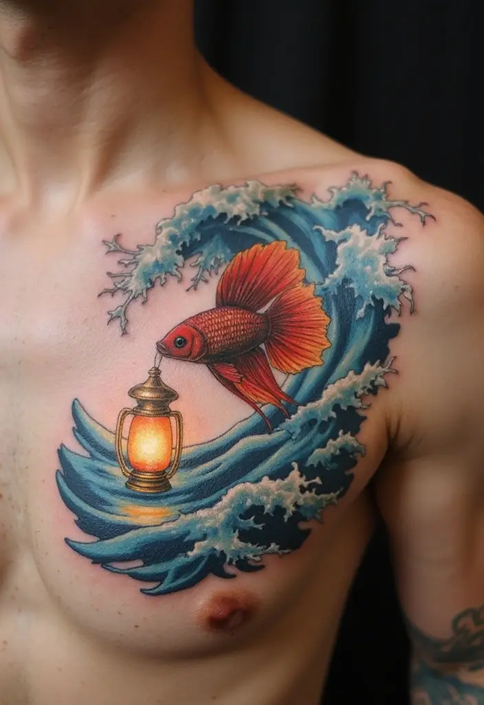 50 Betta Fish Tattoo Ideas with Unique and Colorful Designs 37 50 Betta Fish Tattoo Ideas with Unique and Colorful Designs - 37. Betta Fish with a Lantern and Waves