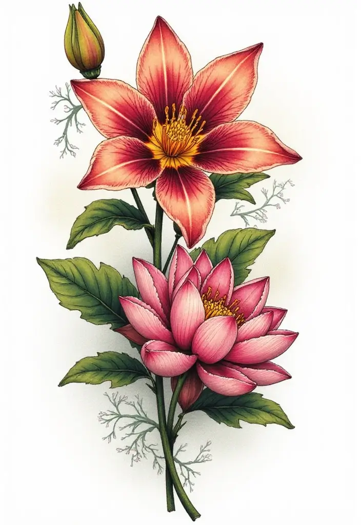 50 Stargazer Lily Tattoos with Elegant and Symbolic Designs 37 50 Stargazer Lily Tattoos with Elegant and Symbolic Designs - 37. Lotus and Lily Integration