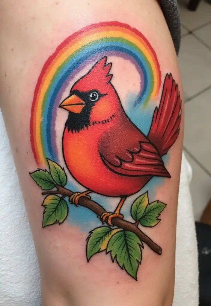 50 Cardinal Tattoo Ideas with Symbolism and Beautiful Designs - 37. Cardinal with a Rainbow