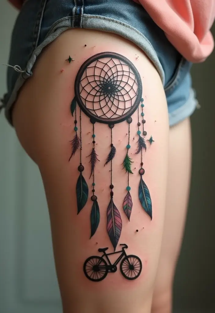 50 Dreamcatcher Tattoo Ideas with Cultural Symbolism 37 50 Dreamcatcher Tattoo Ideas with Cultural Symbolism - 37. Dreamcatcher with a Vintage Bicycle