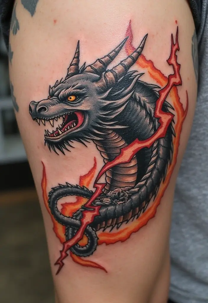 50 Lightning Bolt Tattoos with Bold and Striking Designs 37 50 Lightning Bolt Tattoos with Bold and Striking Designs - 37. Lightning Bolt with a Dragon