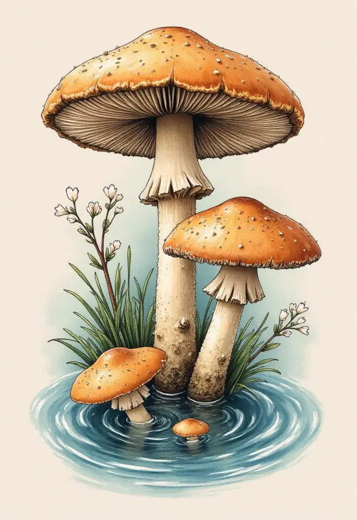 50 Unique Mushroom Tattoo Ideas That'll Leave You Inspired and Curious About Their Symbolism! 37 50 Unique Mushroom Tattoo Ideas That'll Leave You Inspired and Curious About Their Symbolism! - 37. Mushrooms and Water Elements
