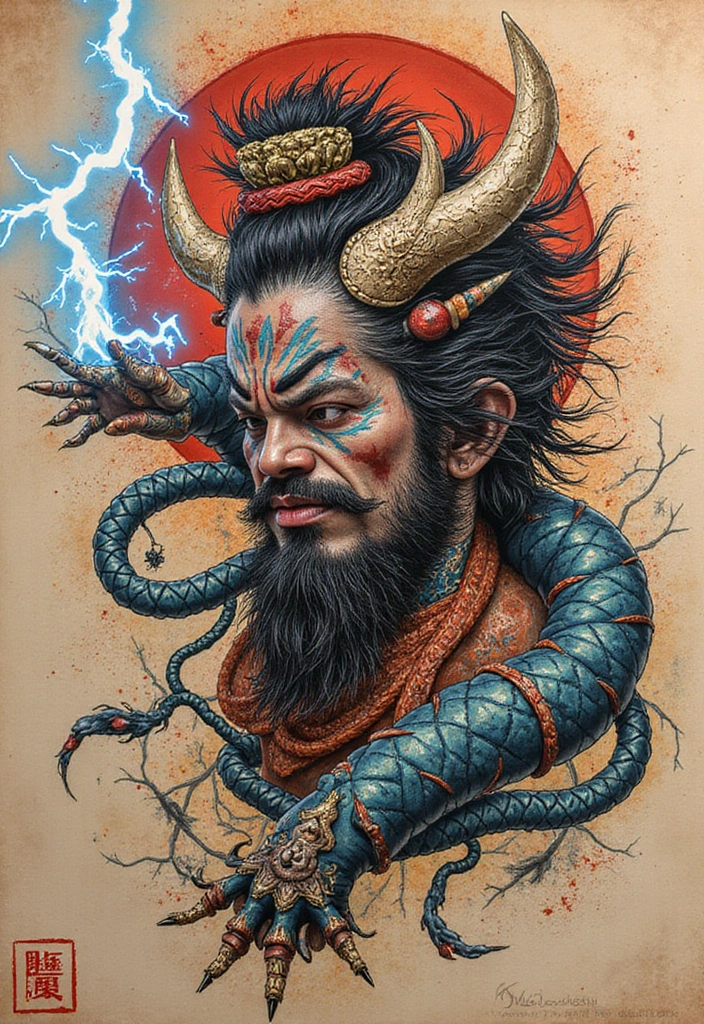 50 Oni Tattoo Designs with Powerful Japanese Symbolism 37 50 Oni Tattoo Designs with Powerful Japanese Symbolism - 37. Oni with Lightning