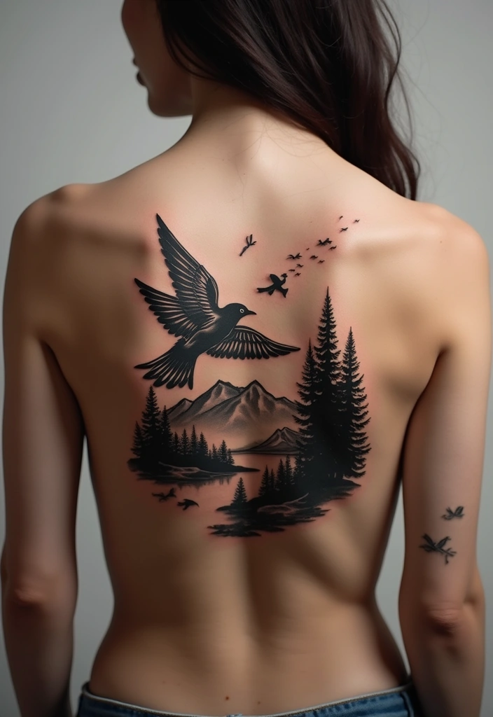 50 Sparrow Tattoos with Symbolism and Artistic Styles - 37. Sparrows with Nature Scenery