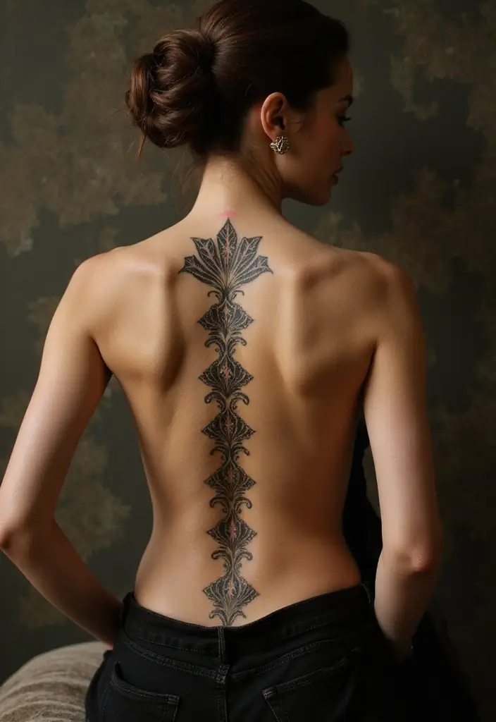 99 Stunning Spine Tattoos for Women to Inspire Your Next Ink - 37. Art Deco