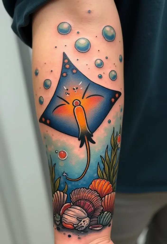 50 Stingray Tattoo Designs and Their Symbolic Meanings - 37. Stingray with Ocean Elements