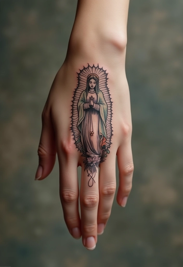 50 Virgin Mary Hand Tattoos with Spiritual and Artistic Designs - 37. Virgin Mary with a Lotus Flower