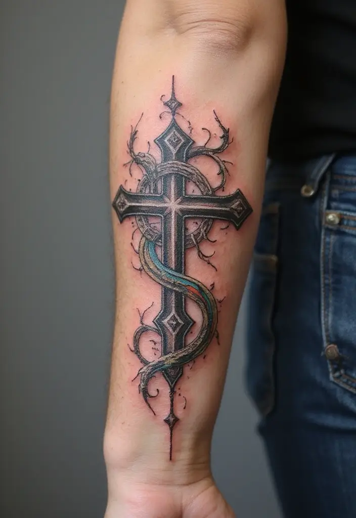 50 Cross Tattoo Ideas for Men and Women with Deep Meaning - 38. Cross with a Spiral