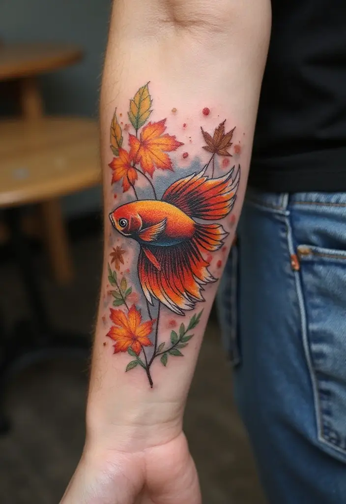 50 Betta Fish Tattoo Ideas with Unique and Colorful Designs 38 50 Betta Fish Tattoo Ideas with Unique and Colorful Designs - 38. Betta Fish with Seasonal Elements