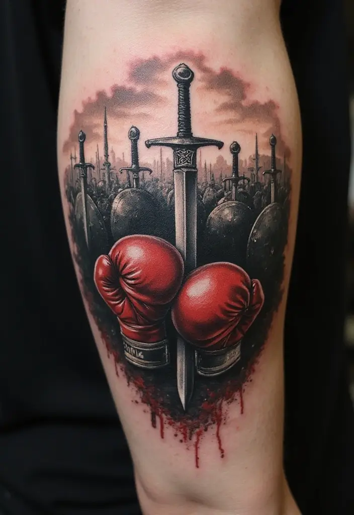 50 Boxing Gloves Tattoo Designs That Embody Strength and Courage! 38 50 Boxing Gloves Tattoo Designs That Embody Strength and Courage! - 38. Boxing Gloves on a Battlefield