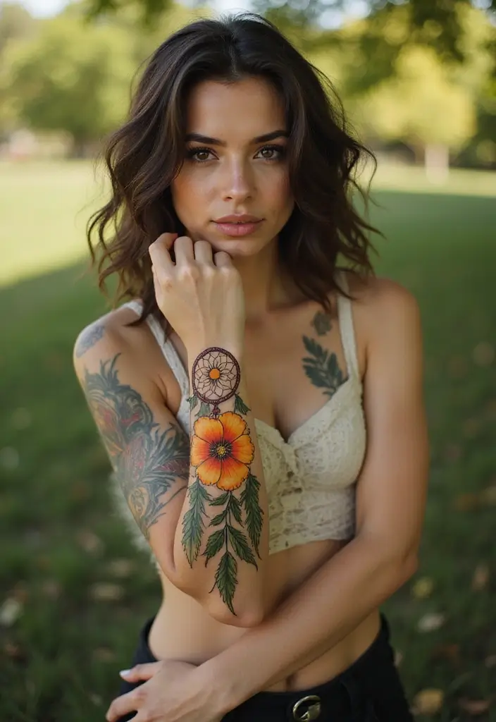 50 California Poppy Tattoo Ideas with Symbolism and Beauty - 38. California Poppy with a Dreamcatcher