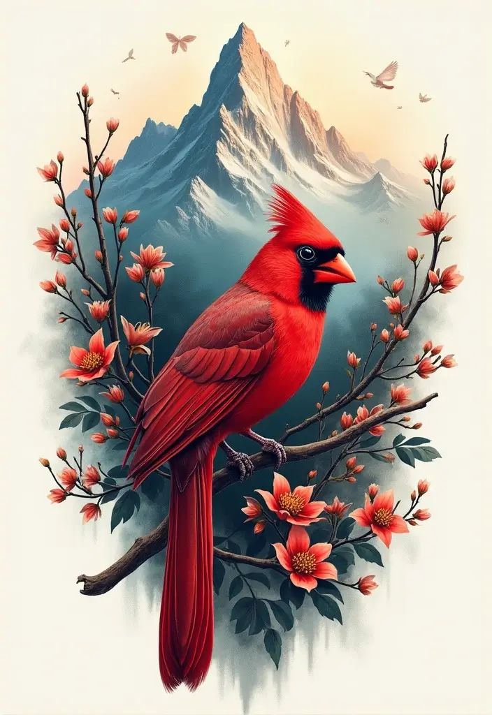 50 Cardinal Tattoo Ideas with Symbolism and Beautiful Designs - 38. Cardinal with a Mountain