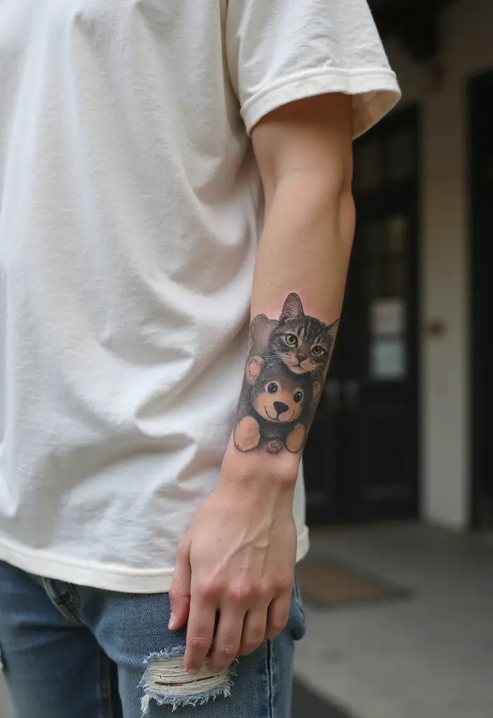 50 Creative Cat Tattoo Ideas for Every Style - 38. Cat with a Teddy Bear