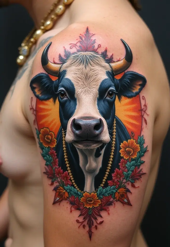 50 Cow Tattoo Designs with Fun and Unique Symbolism - 38. Cow with Festival Themes