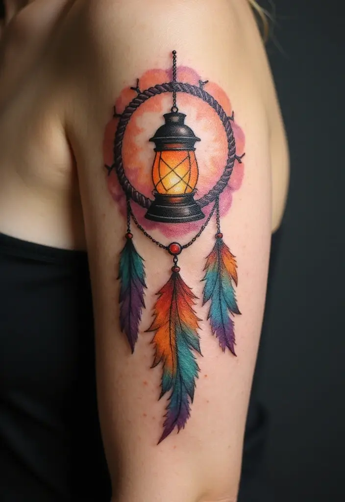 50 Dreamcatcher Tattoo Ideas with Cultural Symbolism 38 50 Dreamcatcher Tattoo Ideas with Cultural Symbolism - 38. Dreamcatcher with a Lantern