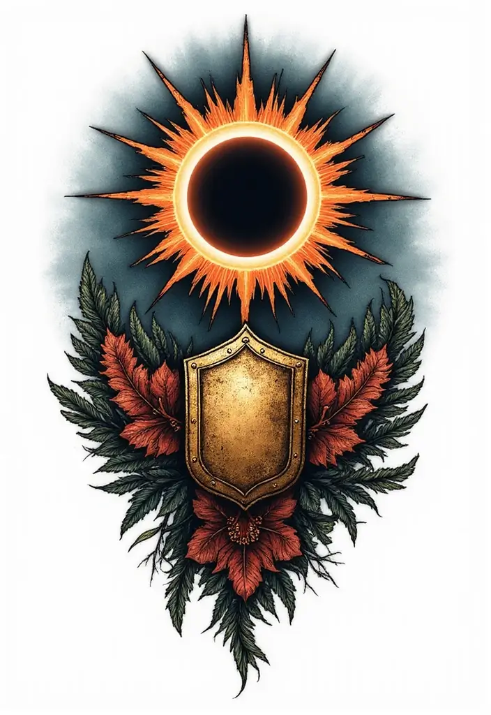 50 Eclipse Tattoo Designs with Powerful Meaning and Symbolism - 38. Eclipse with a Shield