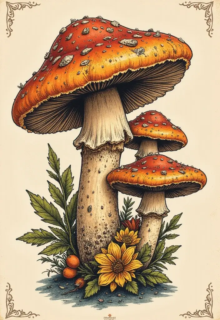 50 Unique Mushroom Tattoo Ideas That'll Leave You Inspired and Curious About Their Symbolism! 38 50 Unique Mushroom Tattoo Ideas That'll Leave You Inspired and Curious About Their Symbolism! - 38. Vintage Labels with Mushrooms