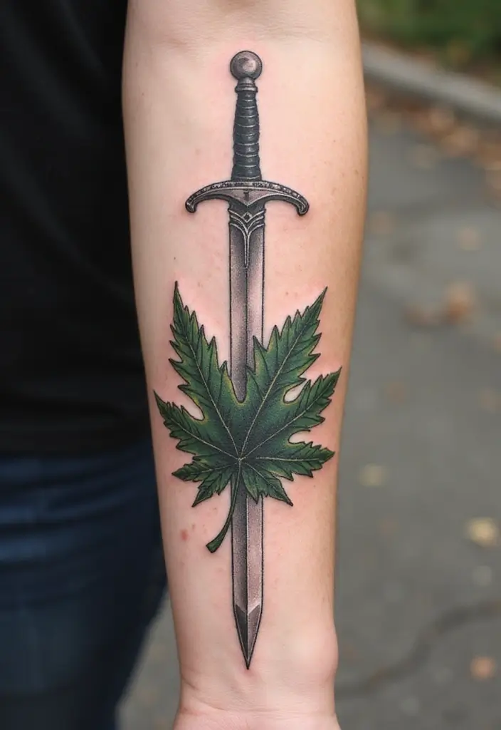 50 Sword Tattoo Designs and Symbolism to Inspire Your Next Ink 38 50 Sword Tattoo Designs and Symbolism to Inspire Your Next Ink - 38. Sword with a Leaf