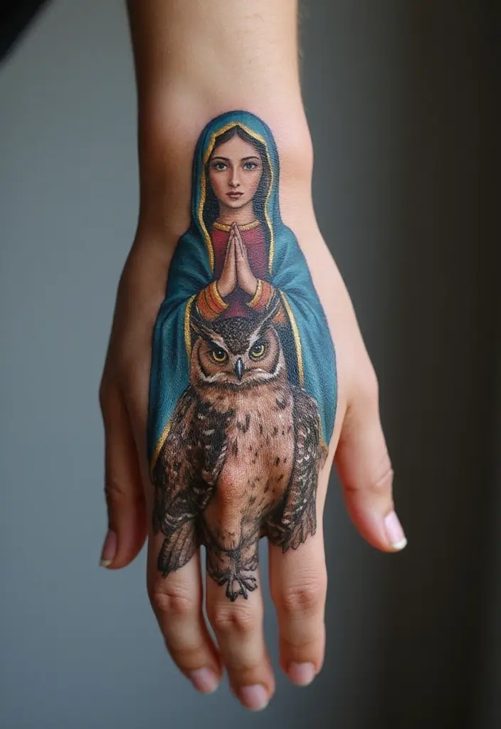 50 Virgin Mary Hand Tattoos with Spiritual and Artistic Designs - 38. Virgin Mary with an Owl