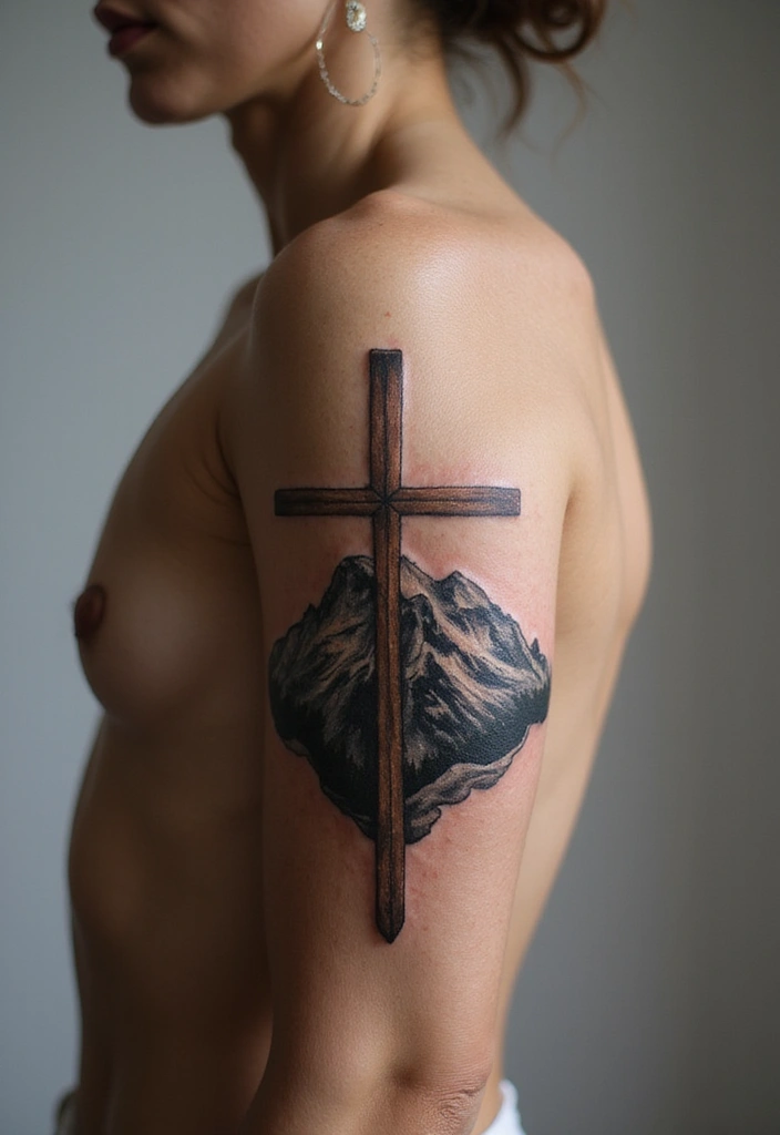 50 Cross Tattoo Ideas for Men and Women with Deep Meaning - 39. Cross with a Mountain